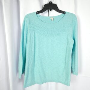 Talbots Women XL Blue Teal Round Neck Acrylic Cotton 3/4 Sleeve Sweater Pullover